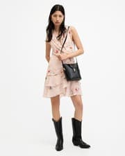 Image of AllSaints Women's Wrap Dress Pink Floral Ruffle Sleeveless V-Neck Size UK 12