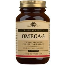 Image of Solgar Omega 3 Triple Strength 50 or 100 Softgels Free of Gluten, Wheat, Yeast