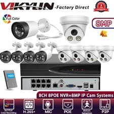 Image of VIKYLIN 8CH 8POE NVR Systems 24h Full Color Mini Bullet/Turret 8MP IP Camera Lot