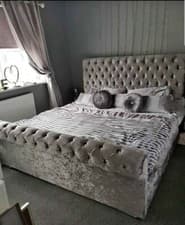 Image of NEW Sleigh Chesterfield Scroll Upholstered Designer Crushed Velvet Bed
