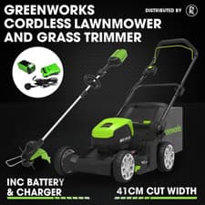 Image of Cordless Lawnmower 41cm 80v Greenworks & Line Trimmer 2ah Battery & Charger 