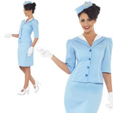 Image of Adult Ladies Blue Air Hostess Cabin Crew Stewardess Fancy Dress Costume UK 8-18
