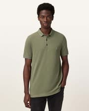 Image of AllSaints Men's Green Cotton Polo Shirt Slim Fit Short Sleeve Collared UK Size S