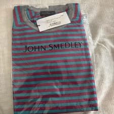 Image of John Smedley Men's LS CN Sweater 100%Cotton L pink/teal stripes grey accent BNWT