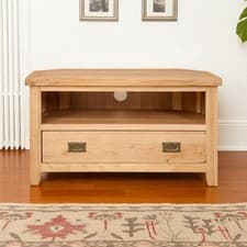 Image of TV Cabinet Oak Corner Stand Solid Unit Chunky Harrogate Natural Fully Assembled