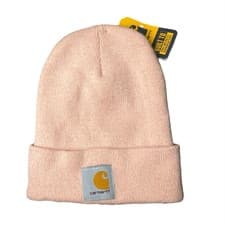 Image of NEW Carhartt Women's Pink Knit Cuffed Fold Up Logo Patch Beanie Cap Hat One Size