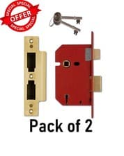 Image of 2 x Union Locks 2201 5-Lever Mortice Sash Lock 65mm 2.5inch - Brass Finish