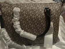 Image of Dkny Bryant satchel all over monogram tote bag with gold logo charm