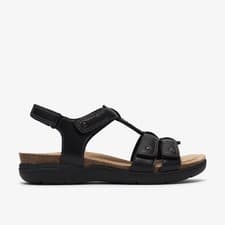 Image of Clarks Womens April Cove Black Leather Flat Sandals Leather Casual