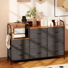Image of Bedroom Chest of Drawers with Charging Station 8 Fabric Drawers Rustic Brown