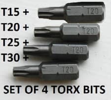 Image of Torx Screwdriver Bits T15 + T20 +T25 + T30 - PACK OF 4 Hardened Hex 1/4" 25mm