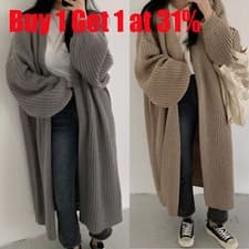 Image of Ladies Chunky Knitted Oversized Cardigan Women Balloon Sleeve Long Maxi Cardigan