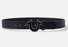 Image of True Religion Mens Belt Size 34 Sage II Enamel Horseshoe Black/Gold Buckle