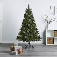 Image of Christmas Tree 6ft Artificial Green Hinged Pre Decorated Berry Pine Cones Indoor