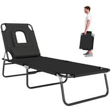 Image of Outsunny Folding Sun Lounger Reclining Chair w/ Pillow Reading Hole Black
