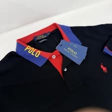 Image of Polo Ralph Lauren Mens Custom Slim Fit Mesh Polo Black XXL Cotton Red Blue