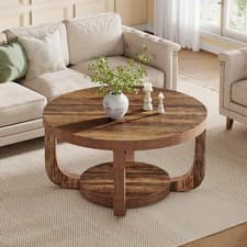 Image of Round Coffee Table, 2-Tier Wooden Circle Center Coffee Table with Thick Tabletop