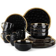Image of 16/32 Piece Black Porcelain Dinnerware Set with Gold Trim Dessert Plate