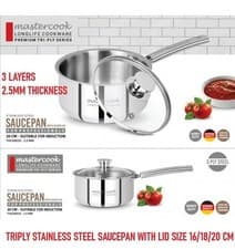 Image of MASTERCOOK TRIPLY STAINLESS STEEL SAUCEPAN WITH LID SIZE SUITABLE FOR INDUCTION