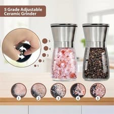 Image of 2PCS Salt Pepper Grinder Set Stainless Steel Glass Shaker Adjustable Mill Coarse
