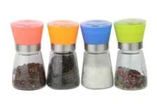 Image of Set of 4 Spice Mill Set For Salt Pepper & Chilli with Screw Off Tops Clear Glass
