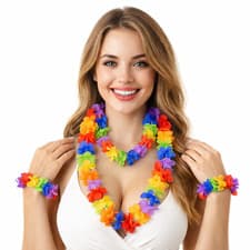 Image of Lei Hawaii Fancy Dress Necklace Garland Hawaiian 4 Pc Set Floral Luau Hula Party