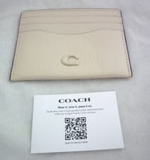 Image of Coach Flat Polished Pebble Leather Card Case Wallet In Chalk Cream New Authentic