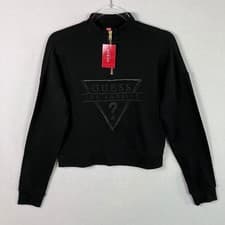 Image of Guess Los Angeles Cropped Half-Zip Pullover Sweatshirt Women's Size S Black NWT