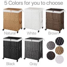 Image of Large Handwoven Laundry Hamper Basket 360 Lockable Wheels 2 Sections 2 Sizes UK