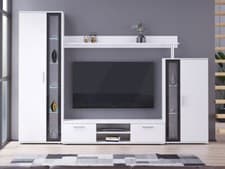 Image of Modern TV Entertainment Unit BENTLEY Glass White Oak Living Room Furniture Set