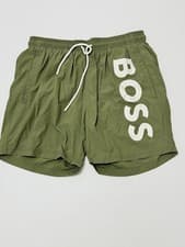 Image of Boss Men's Vertical-Logo-Print Swim Short In Quick-Dry Poplin In Green Size 2XL