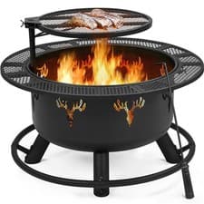 Image of Round Wood Burning Fire Pit for Outdoor W/ Poker & Swivel Cooking Grate Black
