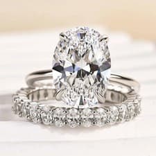 Image of Bridal Set Oval Cut Moissanite Hidden Halo Engagement Ring 14K White Gold Plated