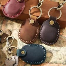 Image of Airtag Case Keyring Genuine Leather Brass Key Tags Apple Airtag HolderOpens