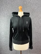 Image of Juicy Couture Hoodie Size L Black Velour Addison Velvet Diamante Logo Jacket Y2K