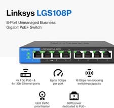 Image of 8 Port PoE Unmanaged Switch Linksys LGS108P Gigabit 50 Watt UK Plug