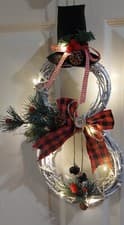 Image of Christmas Snowman White Rattan Wreath With LED Lights UK Fast Delivery