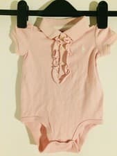 Image of Genuine Polo Ralph Lauren pink ruffle bodysuit romper for baby girl 3 months