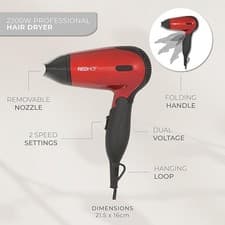 Image of Travel Hair Dryer 1200W Dual Voltage Folding Handle Compact & Lightweight Red