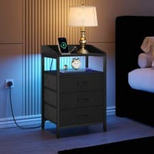 Image of Bedside Table with LED Lights & Charging Station 3 Fabric Drawers Nightstand