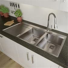 Image of 2 Bowl Square Inset Stainless Steel Kitchen Sink Left Hand Drainer Silver