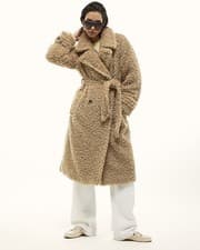 Image of River Island Womens Coat Beige Borg Longline Belted Collared Outerwear Top