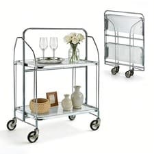 Image of 2-Tier Folding Kitchen Trolley Serving Trolley Serving Trolley with Wheels Carts