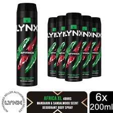 Image of Lynx XL Africa Body Spray 48H Fresh Mandarin & Sandalwood Scent Deo, 6x200ml