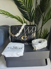 Image of Coach Chain Tabby Shoulder Bag with Quilting In Brass/Black Glazed Leather NEW