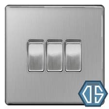 Image of BG FBS43 Brushed Steel Triple Light Switch 3 Gang 2 Way Screwless Flatplate