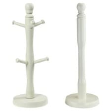 Image of Mug Tree 6 Hooks & Paper Towel Holder Set Wooden Cream Free Standing Kitchen