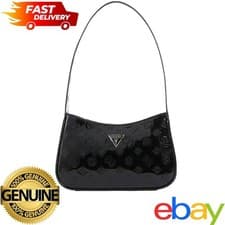 Image of GUESS Arnela Shoulder Bag – Black Patent Embossed Logo – 100% Authentic 
