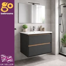 Image of Black & Oak Wall Hung Vanity Unit & Basin Compact Bathroom Sink Unit 600mm
