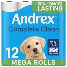 Image of Andrex Complete Clean 12 Mega Toilet Rolls= 18 Standard Toilet Rolls, 50% Longer